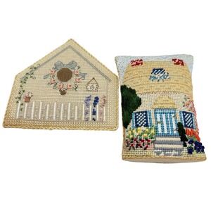 VTG‎ Needlepoint Cottage Pincushion and House plant pot Topper Handcrafted Folk